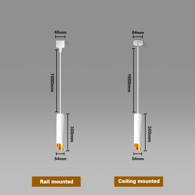 Spot tube long blanc et doré suspendu par cable ajustable