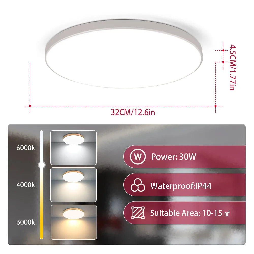 grand spot plafond rond plat IP44 pour salle de bain panneau lumineux pleine surface contour blanc diamètre 32cm hauteur 4,5cm