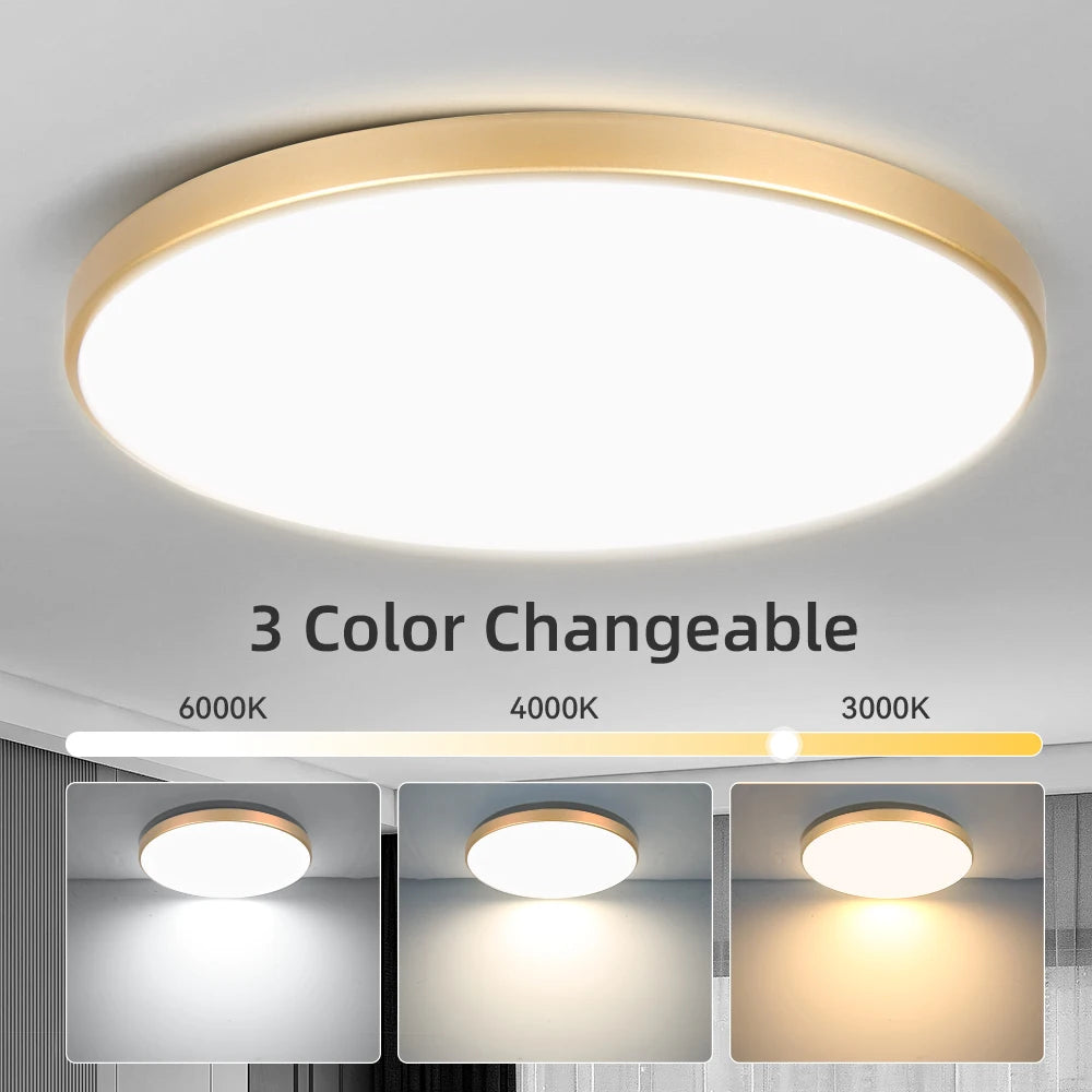 grand spot plafond rond plat IP44 pour salle de bain panneau lumineux pleine surface contour doré