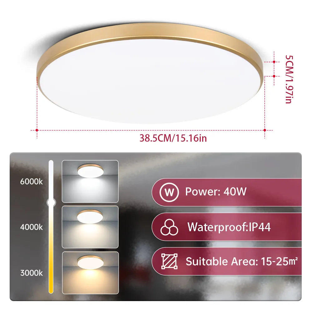 grand spot plafond rond plat IP44 pour salle de bain panneau lumineux pleine surface contour doré diamètre 38cm hauteur 5cm