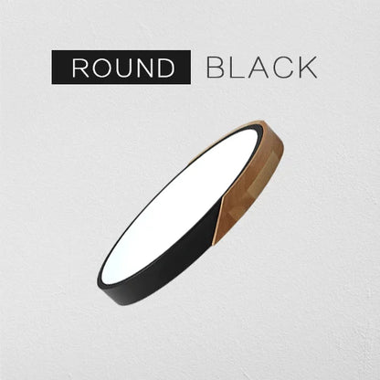 Grand spot plafonnier scandinave rond plat contour bois et noir