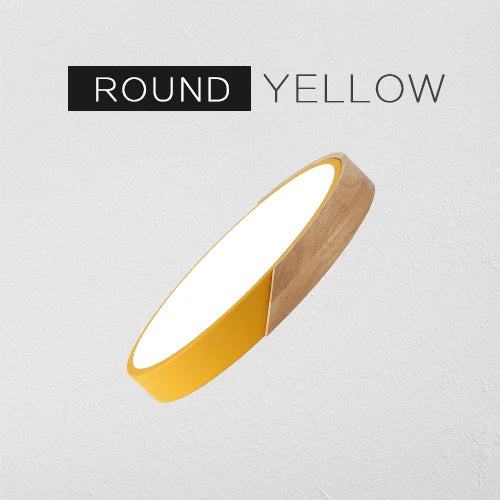 Grand spot plafonnier scandinave rond plat contour bois et jaune