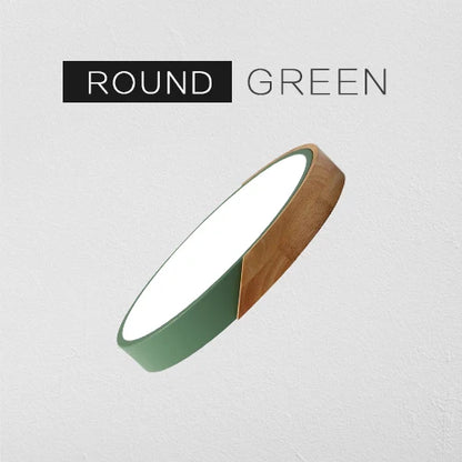 Grand spot plafonnier scandinave rond plat contour bois et vert