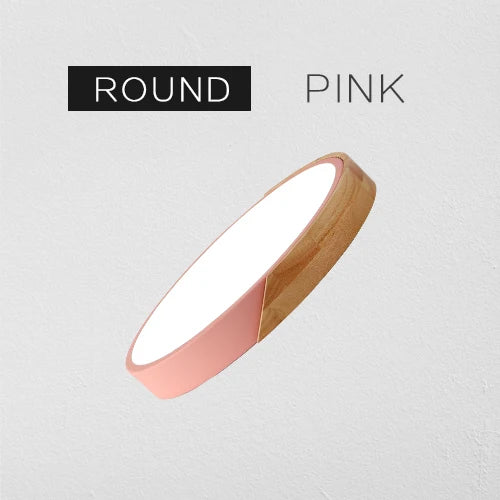 Grand spot plafonnier scandinave rond plat contour bois et rose