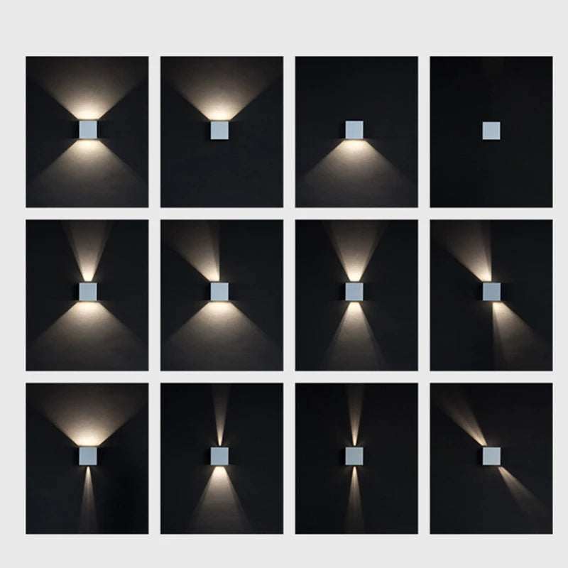 Spot mural IP65 abat-jour carré en aluminium sur façade extérieur a flux lumineux orientable