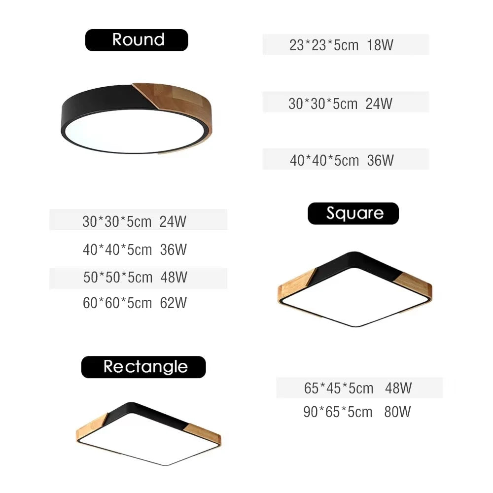 Grand spot plafonnier scandinave plat bois et  noir / Rond-carré-rectangle