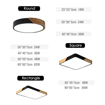 Grand spot plafonnier scandinave plat bois et  noir / Rond-carré-rectangle