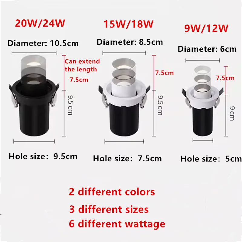 Spot led tube encastré orientable 9W a 24W